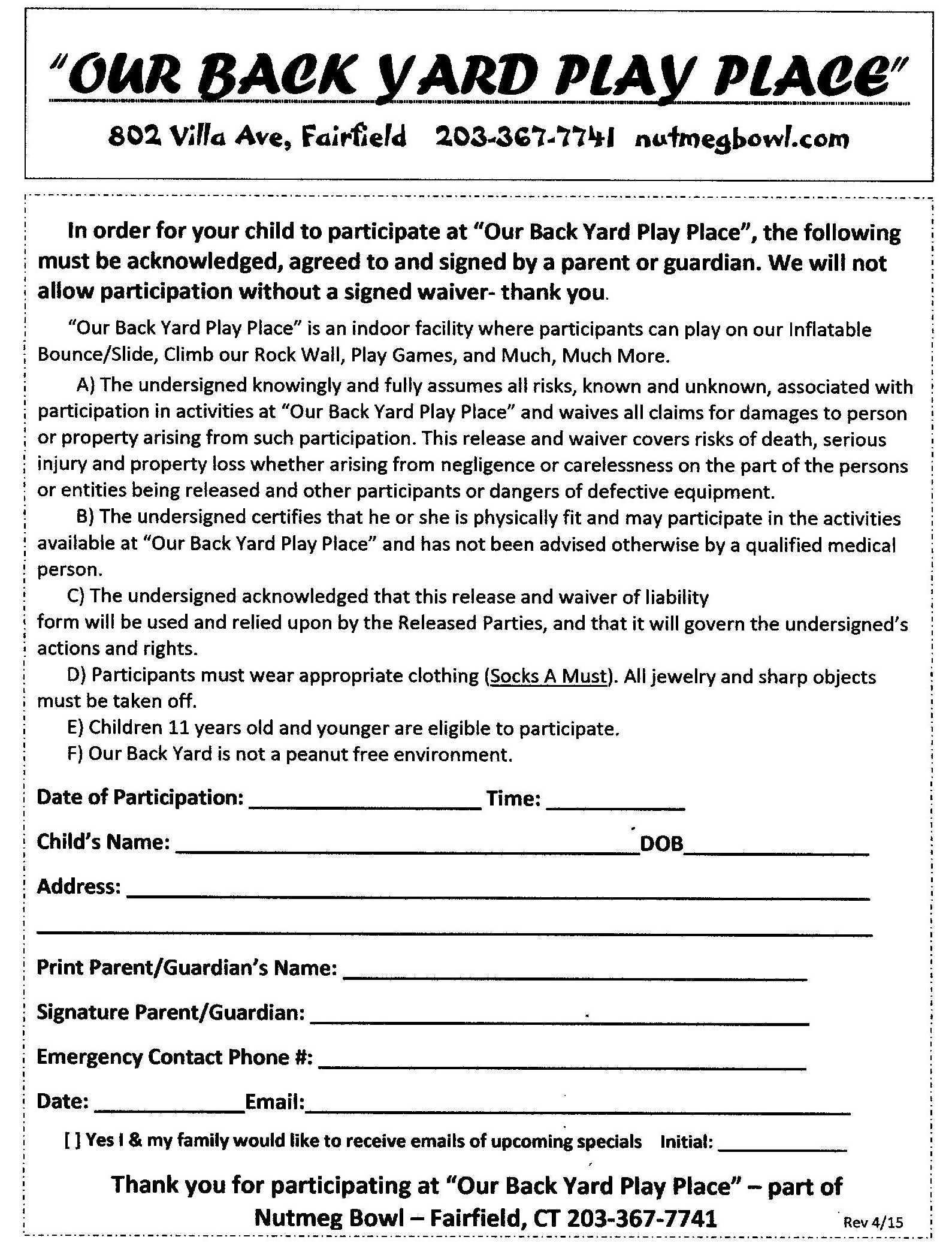 Nutmeg Bowling Center > PARTIES > OUR BACK YARD RELEASE FORM